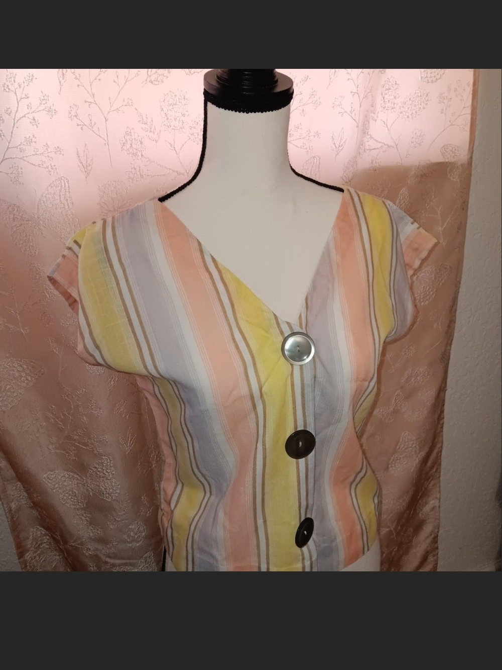 Striped Button-Front Women’s Top in Pastel Yellow and Peach